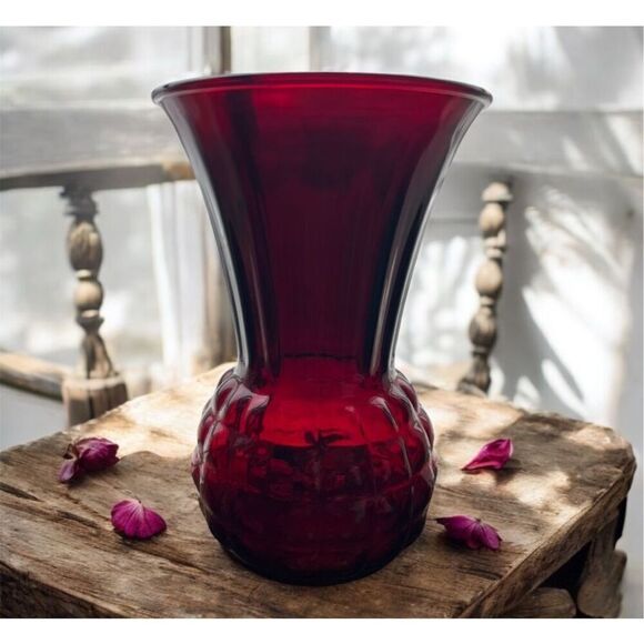 VTG 1930-60s Anchor Hocking 9” Royal Ruby Red Pineapple Bubble Flared Top Vase - Picture 1 of 2